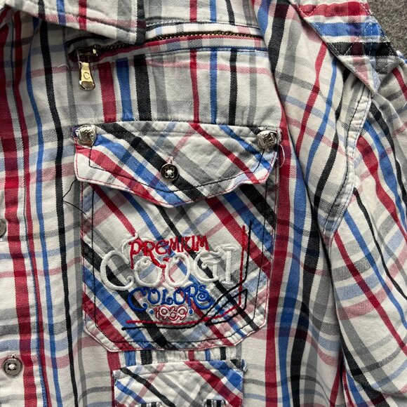 COOGI Shirt Mens 3XL White Red Plaid Button Down Embroidered Streetwear Y2K - Picture 5 of 11